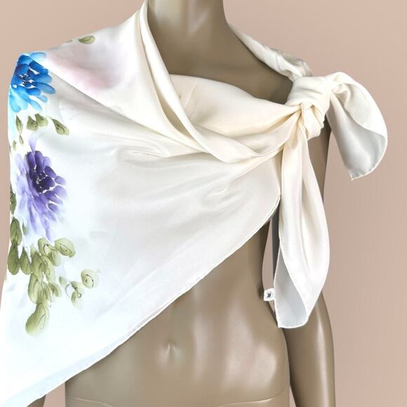 Pure 100% Silk Scarf Floral Hand Paint Chiffon Shawl Wrap Kerchief Bandana Cream - Picture 2 of 12